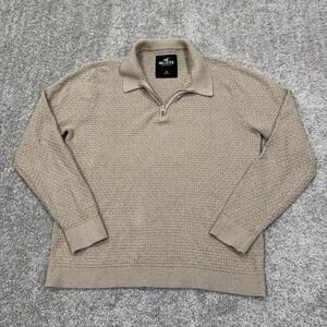 Hollister Waffle Knit Quarter Zip Pullover Brown Sweater Mens Medium Textured